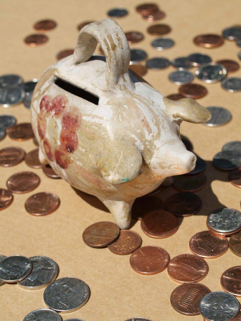 Piggybank with coins around