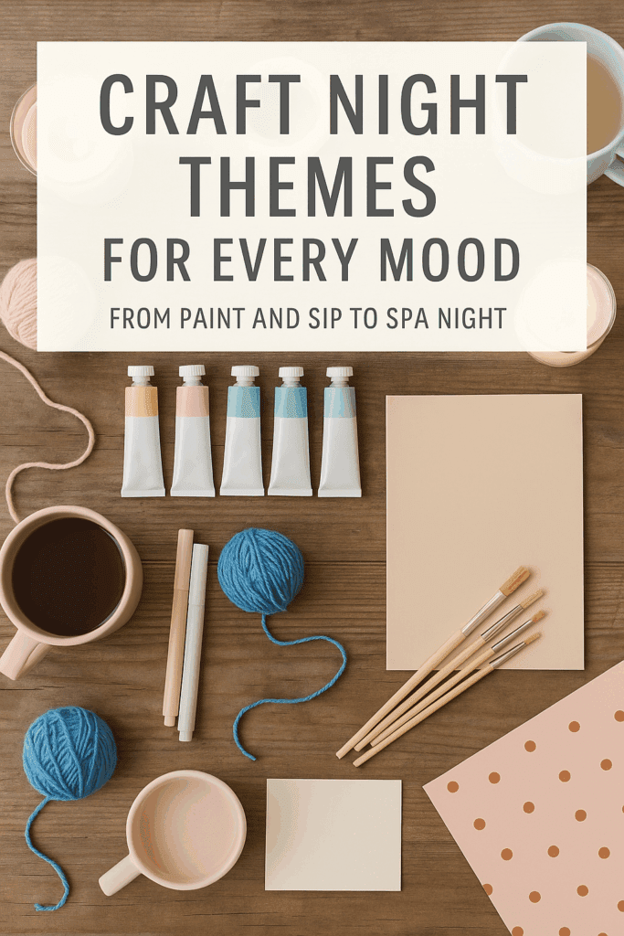 Flat lay of cozy craft supplies including yarn, brushes, mugs, and paint tubes arranged for craft night ideas for beginners with a sign reading “Craft Night Themes for Every Mood.”