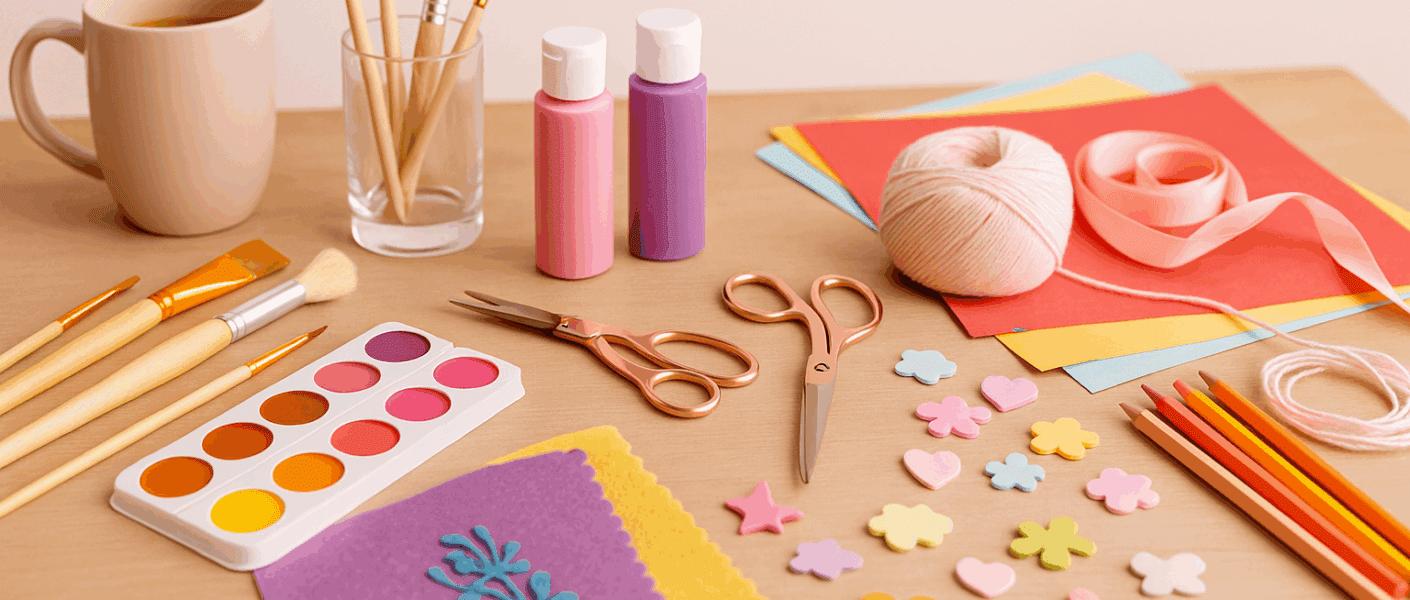 Flat lay of cozy craft table with brushes, paint palette, mugs, and candles — feminine neutral pastel aesthetic.