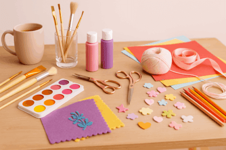 Flat lay of cozy craft table with brushes, paint palette, mugs, and candles — feminine neutral pastel aesthetic.