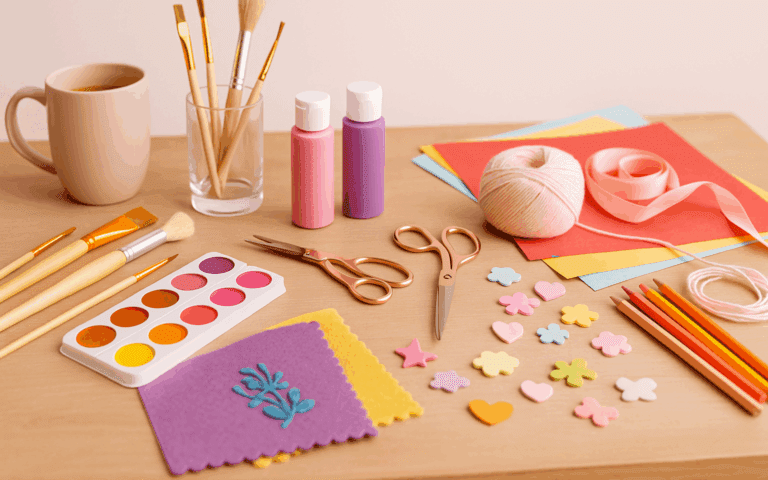 Flat lay of cozy craft table with brushes, paint palette, mugs, and candles — feminine neutral pastel aesthetic.