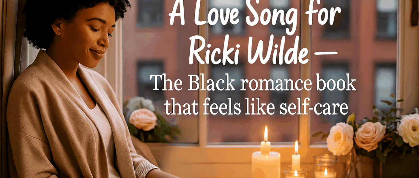 ack woman sitting by a window in a Harlem apartment, reading a book surrounded by flowers and candlelight, representing self-care and calm.