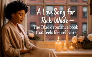 ack woman sitting by a window in a Harlem apartment, reading a book surrounded by flowers and candlelight, representing self-care and calm.