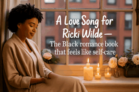 ack woman sitting by a window in a Harlem apartment, reading a book surrounded by flowers and candlelight, representing self-care and calm.