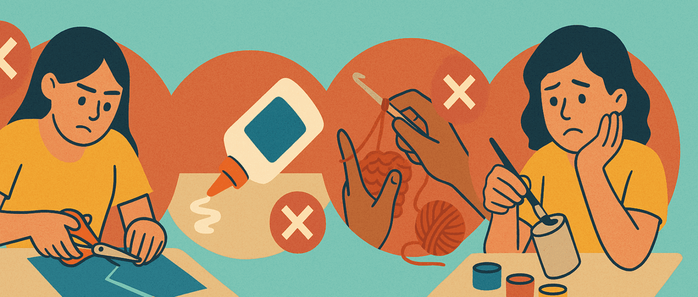 Cozy craft night scene showing women gathered around a warm, softly lit table filled with colorful craft supplies like yarn, paper, paint, and scissors. The room glows with golden light, blush and terracotta tones, and candles in the background, creating a relaxed, creative vibe.