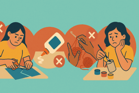 Cozy craft night scene showing women gathered around a warm, softly lit table filled with colorful craft supplies like yarn, paper, paint, and scissors. The room glows with golden light, blush and terracotta tones, and candles in the background, creating a relaxed, creative vibe.