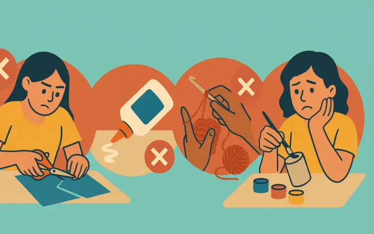 Cozy craft night scene showing women gathered around a warm, softly lit table filled with colorful craft supplies like yarn, paper, paint, and scissors. The room glows with golden light, blush and terracotta tones, and candles in the background, creating a relaxed, creative vibe.