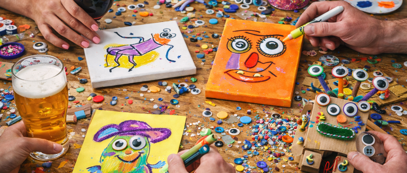 Adults enjoying a quirky craft night, painting funny faces on small canvases at a messy table with colorful craft supplies and drinks for a playful, creative evening at home.