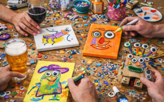 Adults enjoying a quirky craft night, painting funny faces on small canvases at a messy table with colorful craft supplies and drinks for a playful, creative evening at home.