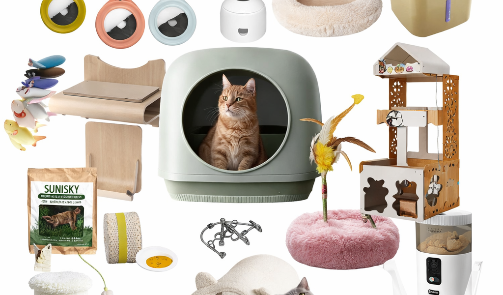 Cat products and supplies for the home including litter box, toys, scratching posts and feeding accessories.
