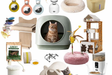 Cat products and supplies for the home including litter box, toys, scratching posts and feeding accessories.
