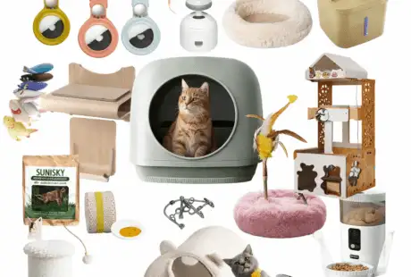 Cat products and supplies for the home including litter box, toys, scratching posts and feeding accessories.