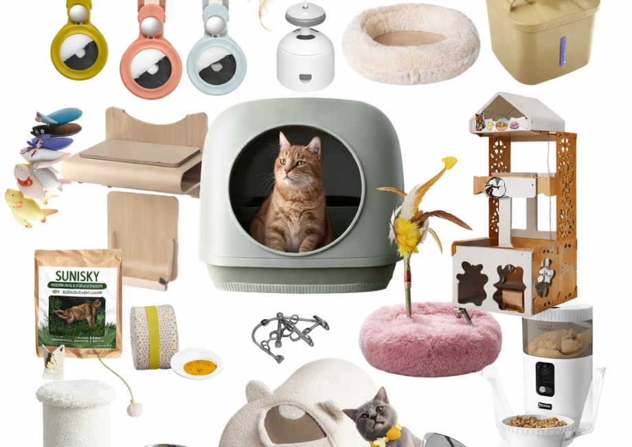 Cat products and supplies for the home including litter box, toys, scratching posts and feeding accessories.