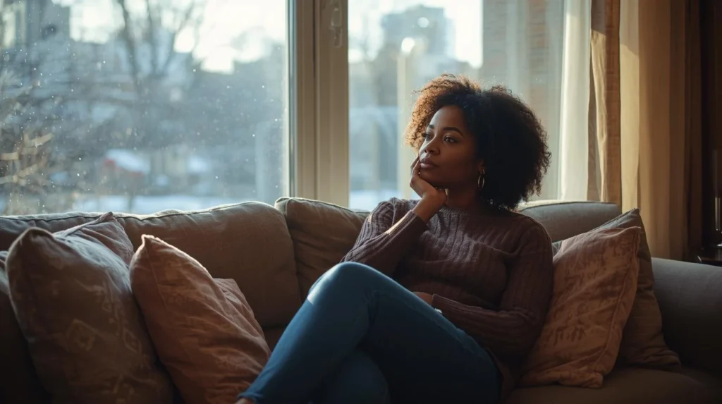 woman reflecting on GLP-1 weight loss experience feeling emotional on couch
